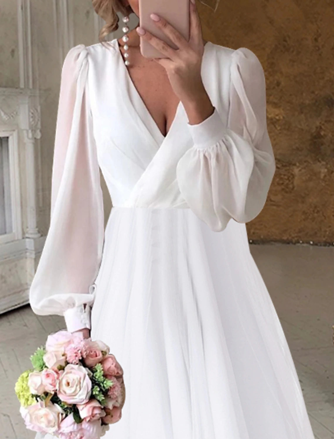 Wholesale Bridal Shower Wedding Dresses Little White Dresses Simple A-Line V Neck Long Sleeve Asymmetrical Chiffon Bridal Gowns With Solid Color Summer Wedding Party